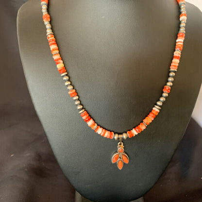 Navajo Pearl Necklace with Red Apple Coral, Spiny Oyster Pendant | Authentic Native American Sterling Silver | Multi-Stone | 12388