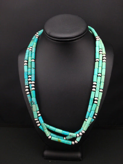 Navajo Turquoise Tube Bead Necklace | 3 Strand | Sterling Silver | 22" | Authentic Native American Handmade | 4790
