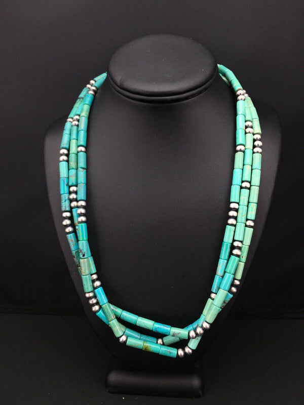 Navajo Turquoise Tube Bead Necklace | 3 Strand | Sterling Silver | 22" | Authentic Native American Handmade | 4790
