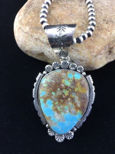 Navajo Kingman Blue Turquoise Pendant Necklace | Sterling Silver Pearls | Authentic Native American Handmade | 10093