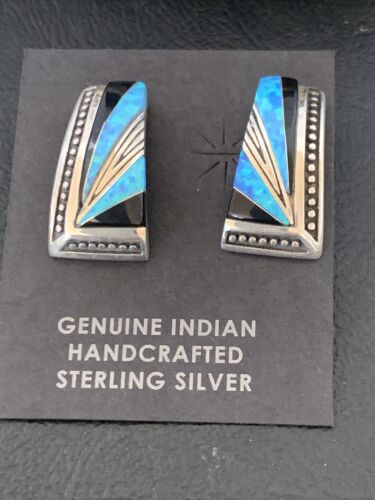 Navajo Turquoise Opal Onyx Inlay Earrings | Sterling Silver | Authentic Native American Handmade | 12115