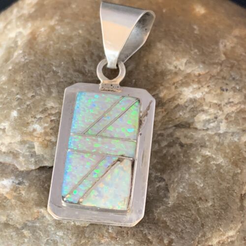 Navajo Sterling Silver White Pink Faux Opal Inlay Pendant | 1.5" | Authentic Native American Handmade | 13555