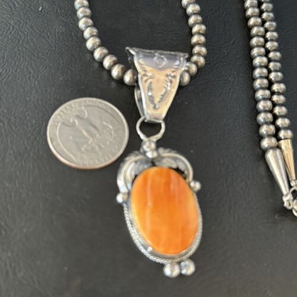 Navajo Orange Spiny Oyster Pendant Necklace | Sterling Silver | Authentic Native American Handmade | 14685