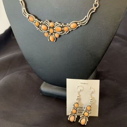 Navajo Orange Spiny Oyster Necklace & Earrings Set | Sterling Silver | Authentic Native American Handmade | 2102