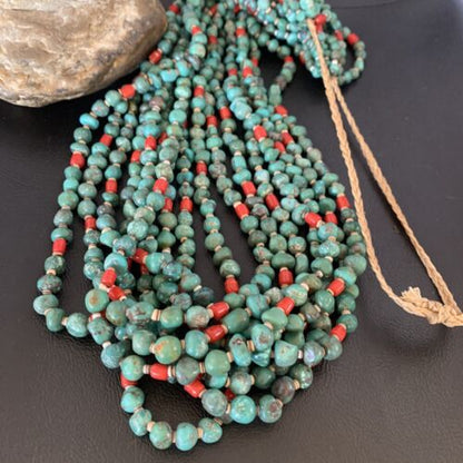 Men's Santo Domingo Blue Turquoise Coral Necklace | 36" Bead Nugget | Authentic Native American Handmade | 13185