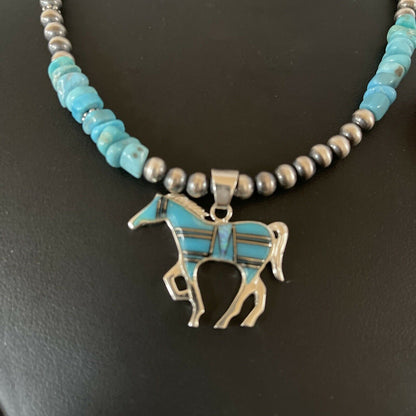 Navajo Horse Inlay Pendant | Blue Turquoise Opal | Sterling Silver | Authentic Native American Handmade | 11328