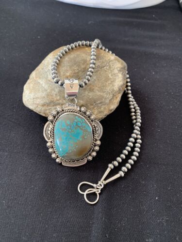 Men's Navajo Pearls Necklace Pendant | Sterling Silver | Blue Turquoise #8 | Authentic Native American Handmade | 528