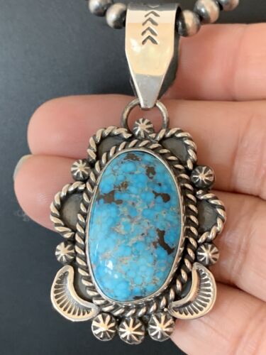 Navajo Sterling Silver Necklace with Spiderweb Kingman Turquoise Pendant | Authentic Native American Handmade | 00689