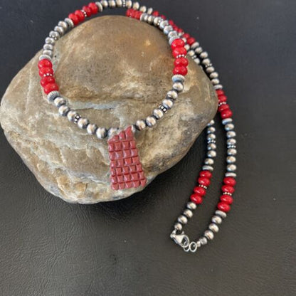 Navajo Red Coral Corn Inlay Necklace Pendant | Sterling Silver | 21" | Authentic Native American Handmade | 12585 - Masha USA