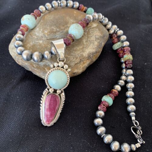 Navajo Pearls Turquoise Spiny Oyster Pendant Necklace | Sterling Silver | Native American Handmade | 1688