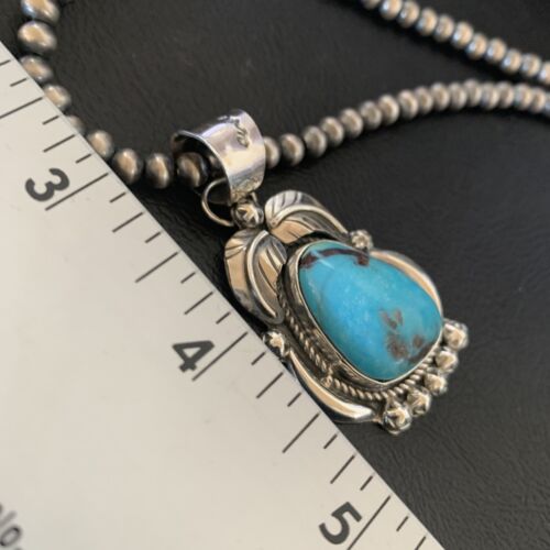 Men's Navajo Pearls Necklace | Sterling Silver Blue Kingman Turquoise Pendant | Native American | 12598