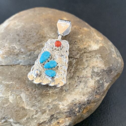 Zuni Yellow Mother of Pearl Turquoise Coral Inlay Sun Face Pendant | Sterling Silver | 2-Sided | 1684