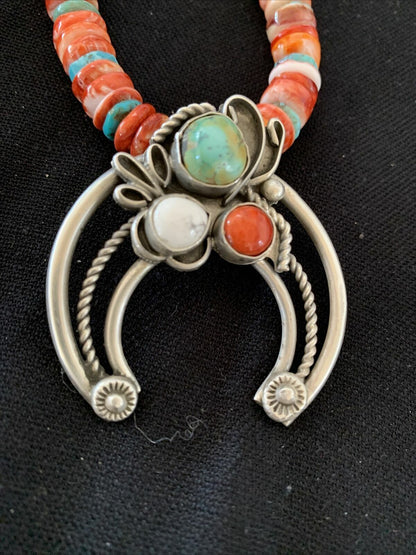 Navajo Pearls Sterling Silver Necklace | Red Spiny Oyster & Turquoise Naja Pendant | Authentic Native American Handmade