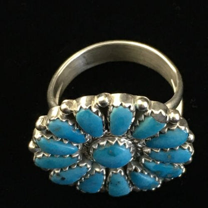 Navajo Blue Kingman Turquoise Cluster Ring | Authentic Native American Sterling Silver | Multi-Stone | Sz 7 | 10114