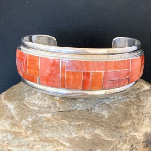Navajo Red Spiny Oyster Cuff Inlay Bracelet | Sterling Silver | Authentic Native American Handmade | 13659
