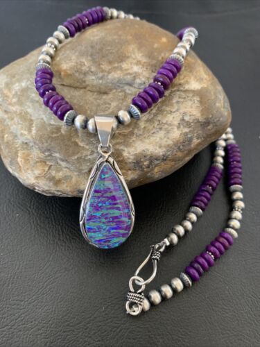 Navajo Purple Sugilite Necklace with Faux Opal Pendant | Sterling Silver | Authentic Native American Handmade | 01916