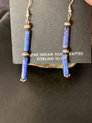 Navajo Denim Lapis Lazuli Bead Dangle Drop Earrings | Sterling Silver | Authentic Native American Handmade | 13040