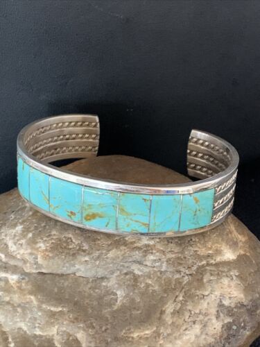Native American Men's Blue #8 Turquoise Inlay Cuff Bracelet | Sterling Silver | 14138