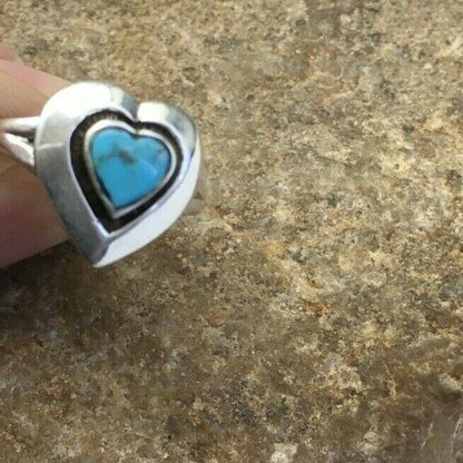Navajo Heart Blue Turquoise Inlay Ring | Sterling Silver | Sz 5.5 | Authentic Native American Handmade | 01731