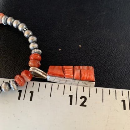 Navajo Pearls Red Spiny Oyster Sterling Necklace | Inlay Pendant | 20" | Native American Jewelry | 13652