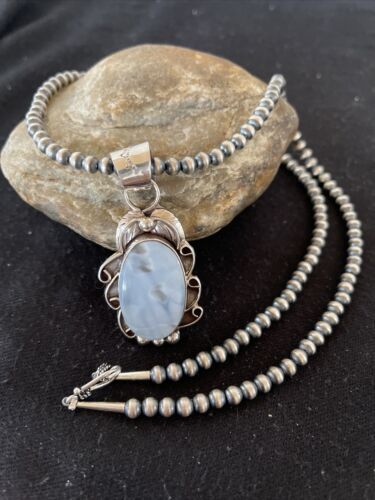 Navajo Blue Larimar Pendant Necklace | Sterling Silver Beads | Authentic Native American Handmade | 01212