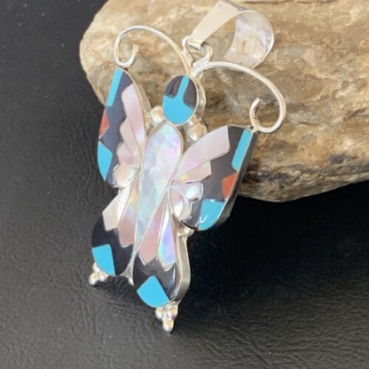Zuni Blue Turquoise Coral Butterfly  Inlay Pendant | Sterling Silver Necklace | Authentic Native American Handmade | 11966