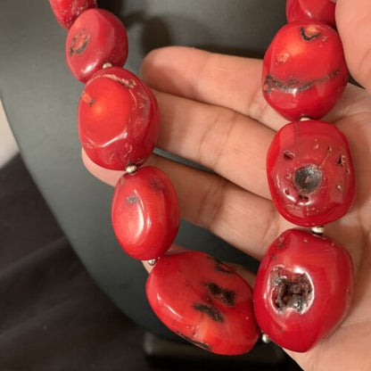 Navajo Red Coral Bead Necklace | Sterling Silver | 22" | Authentic Native American Handmade | 13406 - Masha USA
