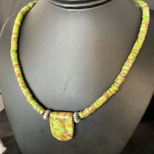 Navajo Green Gaspeite Turquoise Pendant | Sterling Silver | Authentic Native American Handmade | 13914 - Masha USA