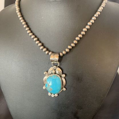 Men's Navajo Pearls Necklace with Blue Kingman Turquoise Pendant | Sterling Silver | Native American Handmade | 12596