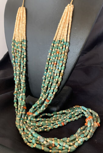 Native American Santo Domingo 7-Strand Necklace | Shell & Green Turquoise | 38" | 12051