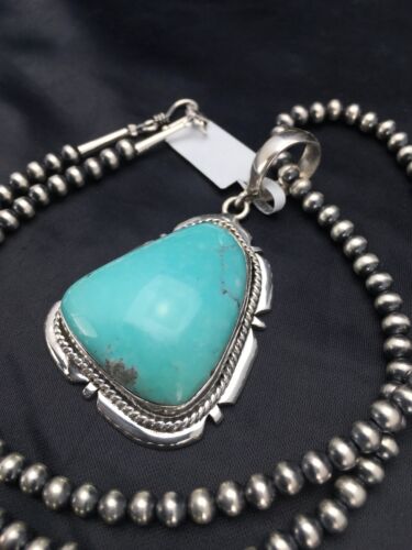 Men's Blue Turquoise Pendant | Navajo Pearls Sterling Silver Necklace | Authentic Native American Handmade | 3915