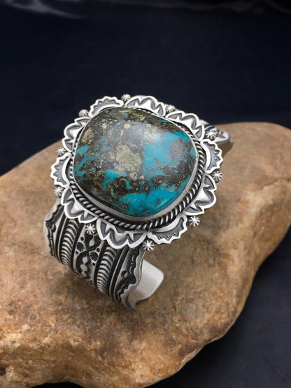 Navajo Bisbee Turquoise Cuff Bracelet | Sterling Silver | Authentic Native American Handmade | 1023