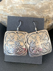 Native American Women's Dangle Earrings | Navajo Sterling Silver Stamped Handmade | 1658