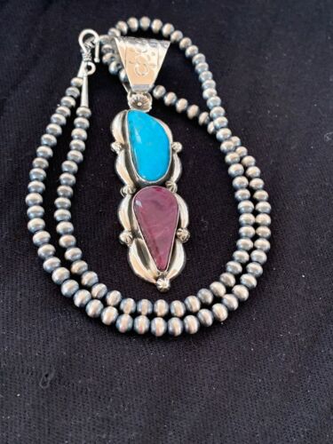 Navajo Kingman Turquoise & Spiny Oyster Pendant Necklace | Sterling Silver | Authentic Native American Handmade | 4576