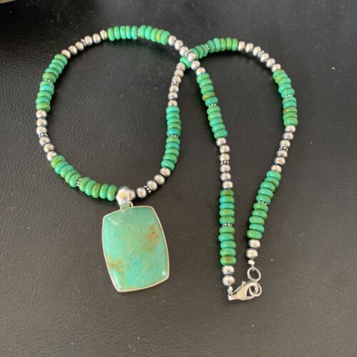 Navajo Green Turquoise Pendant Necklace | Sterling Silver Beads | Authentic Native American Handmade | 13304