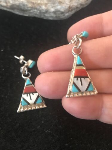 Navajo Sterling Silver Inlay Earrings | Coral Turquoise Onyx Mother of Pearl | Southwestern