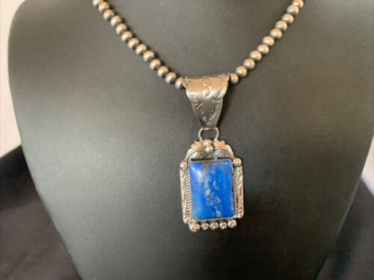Navajo Denim Lapis Necklace with Pendant | Sterling Silver Pearls | Authentic Native American Handmade | 12440
