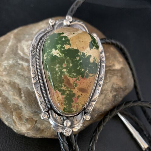 Navajo Green Royston Turquoise Bolo Tie | Sterling Silver | Authentic Native American Handmade | 14107