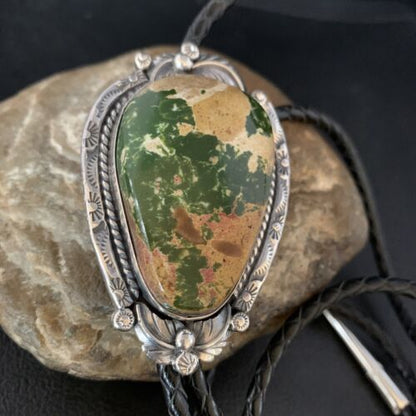 Navajo Green Royston Turquoise Bolo Tie | Sterling Silver | Authentic Native American Handmade | 14107