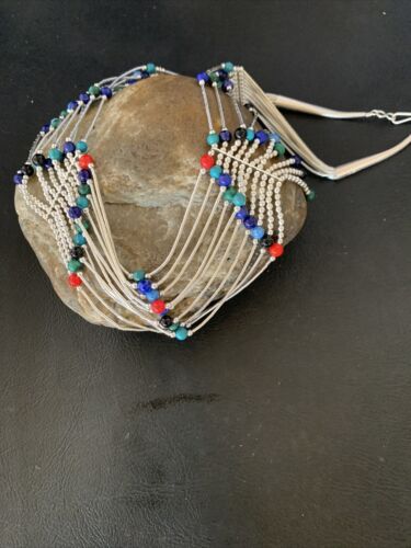 Native American Multi-Color Liquid Heishi Necklace | 10 Strand Sterling Tubes | 17" | 12623