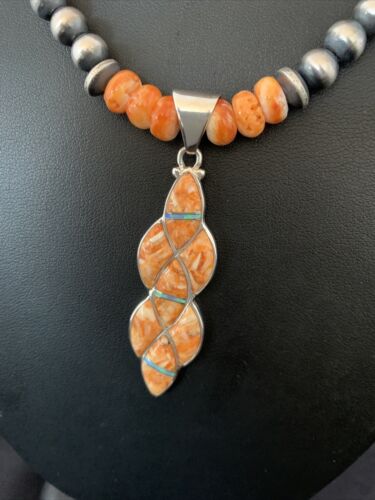 Navajo Pearls Sterling Silver Necklace | Orange Spiny Oyster Inlay Pendant | Authentic Native American Handmade | 11314
