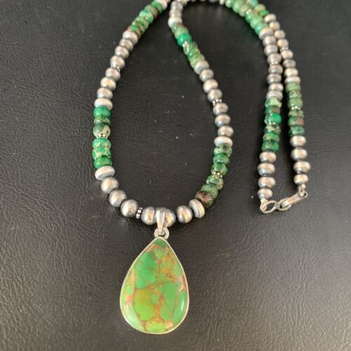 Navajo Pearls Green Mojave Turquoise Pendant Necklace | Sterling Silver | Native American Handmade | 13460