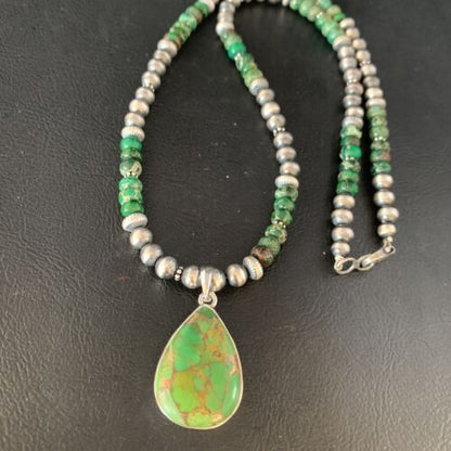 Navajo Pearls Green Mojave Turquoise Pendant Necklace | Sterling Silver | Native American Handmade | 13460