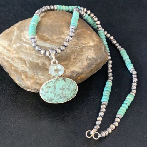 Navajo Pearls Necklace with Blue Spiderweb Turquoise Pendant | Sterling Silver | 13910
