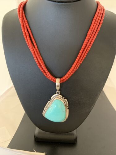 Navajo Red Coral Turquoise Bead Necklace Pendant | Sterling Silver | Multi-Strand | 1953