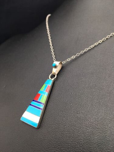 Navajo Turquoise & Coral Inlay Pendant | Sterling Silver Chain | Authentic Native American Handmade | 4437