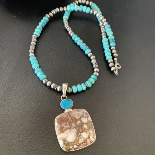 Men's Navajo Pearl Necklace | Sterling Silver | Blue Turquoise & Wild Horse Pendant | 11860