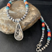 Navajo Multi-Color Turquoise Mother of Pearl Necklace Inlay Pendant | Sterling Silver | 13886