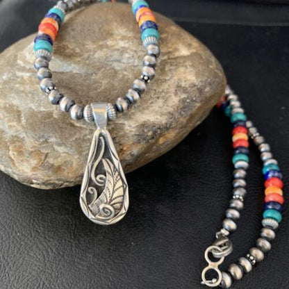 Navajo Multi-Color Turquoise Mother of Pearl Necklace Inlay Pendant | Sterling Silver | 13886