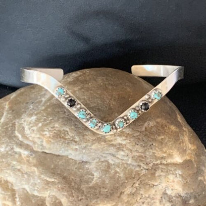 Navajo Old Pawn Cuff Bracelet | Sterling Silver | Handmade Blue Turquoise & Onyx | 13583 - Masha USA